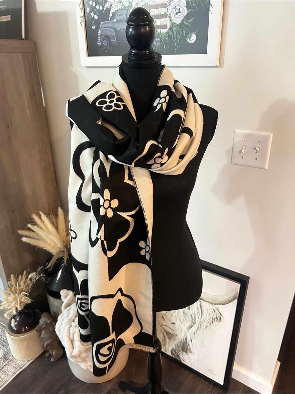 Black & Cream Floral Knit Scarf - Women Accessories
